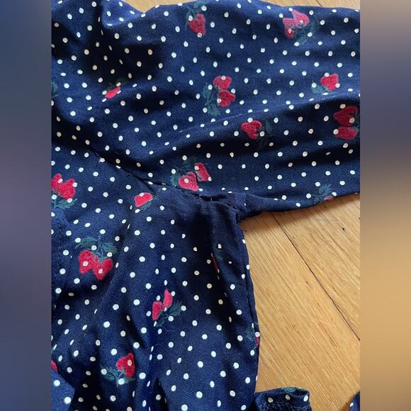 70s Vintage Straberry And Swiss Dot Long Sleeve Prairie Dress with Peplum Waist - Picture 9 of 12